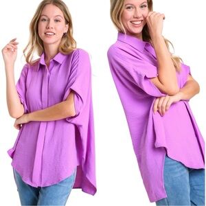 Umgee Oversized Button Down‎ Hi-Low Shirt With Covered Placket Purple